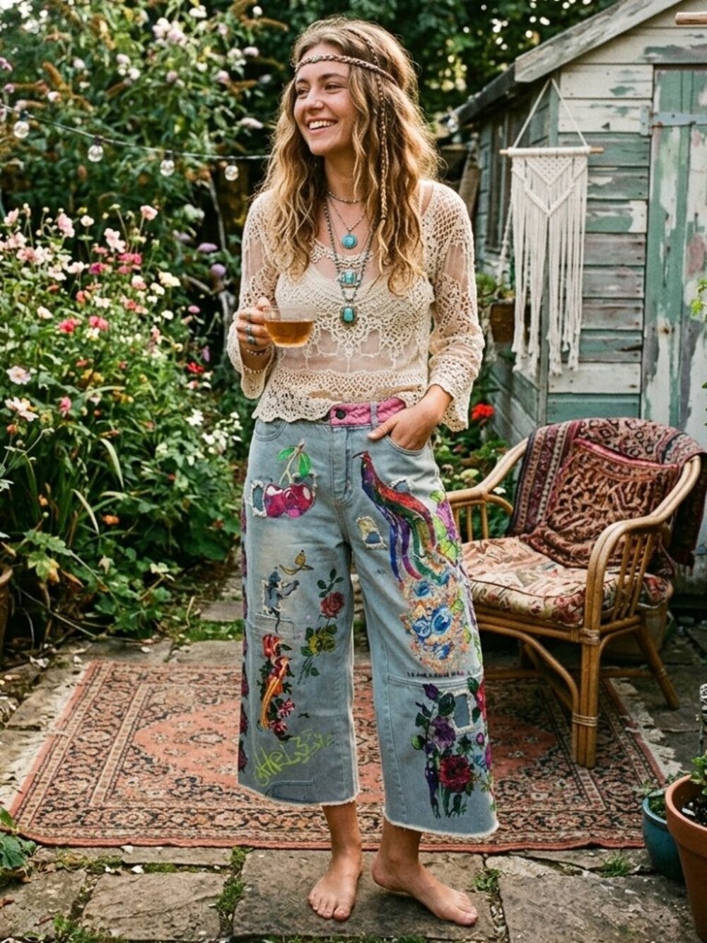 Hippie Indie Folk Art to Wear Festival Graffiti Floral Drop Crotch Jeans Medium